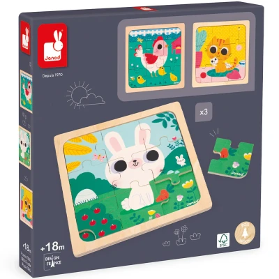 Afbeelding van Janod puzzel kip, kat en konijn 3x9st