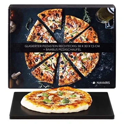 Afbeelding van Navaris pizzasteen XL voor oven en barbecue Rechthoekige pizzaplaat 38 x 30 cm Inclusief receptenboek Keramisch geglazuurd Zwart
