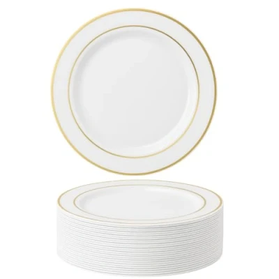 Afbeelding van MATANA 50 premium witte kunststof borden met gouden rand (26 cm) robuust, herbruikbaar en elegant voor feestjes, bruiloften verjaardagen