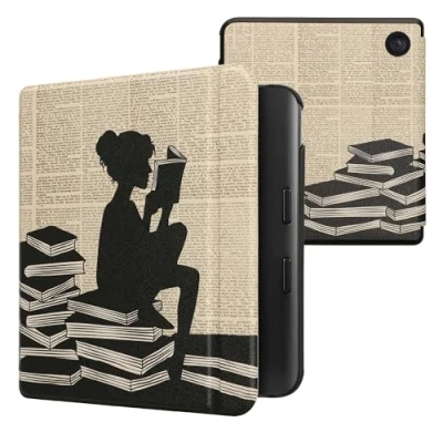 Afbeelding van kwmobile E reader hoesje geschikt voor Kobo Libra Colour hoes flip case met magnetische sluiting Ereader cover Meisje boeken design in zwart / beige