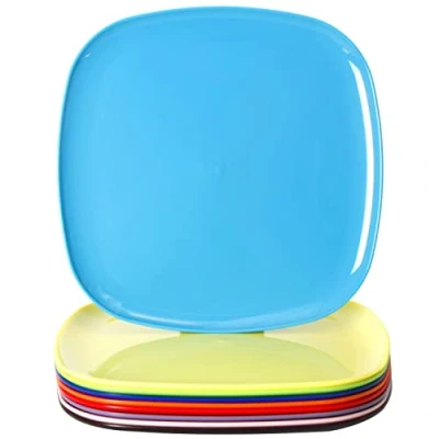 Afbeelding van Youngever Set van 9 grote herbruikbare vierkante kunststof borden 25 cm (regenboogkleuren)
