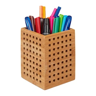 Afbeelding van Relaxdays pennenbak bamboe houten box pennenhouder kantoor landhuisstijl bruin