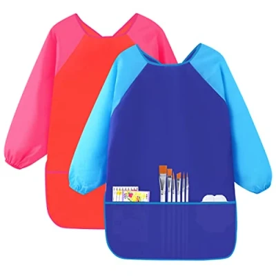 Afbeelding van Hoxfly 2 stuks blouse schilderen voor kinderen, 5 10 jaar, schort met 3 zakken en lange mouwen, knutselschort waterdicht schilderschort, school, schilderen, blauw rood (medium),