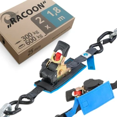 Afbeelding van valonic RACOON Automatische spanbanden met ratel 1,8 m, 2 stuks, haken, gevoerd, EN12195 2, 300 kg, zwart, 25 mm laadbeveiliging voor motorfiets