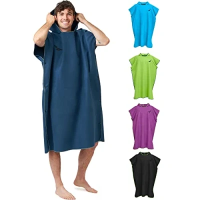 Afbeelding van Omkleedhulp, surf poncho, handdoek badjas, badjas met capuchon, mouwen maat L, marineblauw