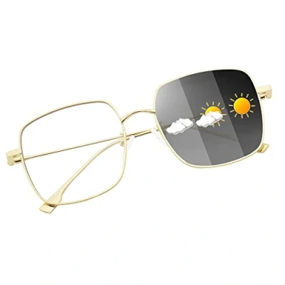 Afbeelding van JM Optische Bril Metalen Mode Oversized Vierkant frame Anti Blauw Licht Oogbescherming Vrouwen, Goud/Fotochroom (transparant in grijs)