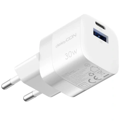 Afbeelding van deleyCON GaN USB A en C oplader (2 poorten 30 W compacte snellader) voor iPhone 15/14/13/12/11, iPad Galaxy S24/S23 pixels, PD 3.0 mobiele telefoon, wit