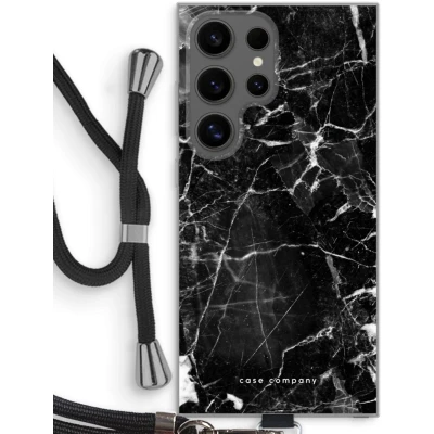 Afbeelding van Case Company® hoesje met Koord geschikt voor Samsung Galaxy S24 Ultra Zwart Marmer Telefoonhoesje Bescherming aan alle Kanten en Over de Schermrand