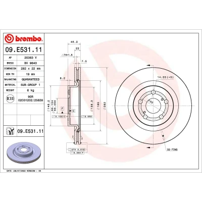 Afbeelding van BREMBO 09.E531.11 Remschijf 282 22 5 interne ventilatie Gecoat TOYOTA: Yaris IV