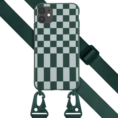 Afbeelding van Selencia hoesje Geschikt voor iPhone 11 met koord Siliconen design afneembaar Groen / Irregular Check Green