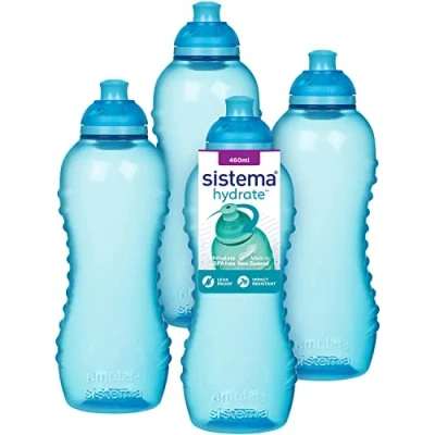 Afbeelding van Sistema Squeeze Twist &#039;n&#039; Sip Set van 4 lekvrije sportwaterflessen voor kinderen, BPA vrij, 460 ml, blauw