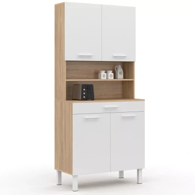 Image de Buffet de cuisine 80 CM CINA 4 portes + tiroir façon hêtre et blanc