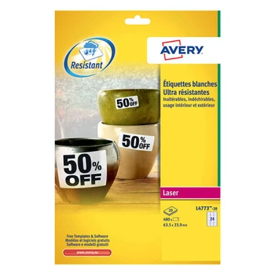 Image de Avery L4773 20 étiquettes ultra résistantes A4 63,5 x 33,9 mm (480 pièces) blanc