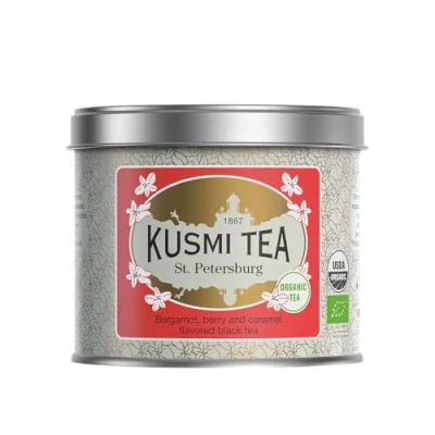 Image de Kusmi Tea St. Pétersbourg Bio Thé Noir Biologique Earl Grey Mélange de avec Fruits Rouges, Caramel, Vanille et Bergamote Boîte en Métal 100g Quantité pour environ 50 Tasses