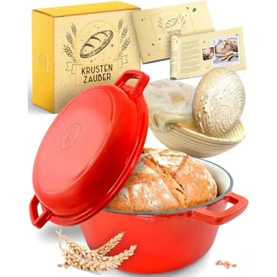 Afbeelding van Krustenzauber Potbrood bakken [incl. Gistingsmand] Hoogwaardige geëmailleerde broodbakpan 26 cm rond Ideale gietijzeren broodbakvorm voor met deksel, broodvorm, accessoires