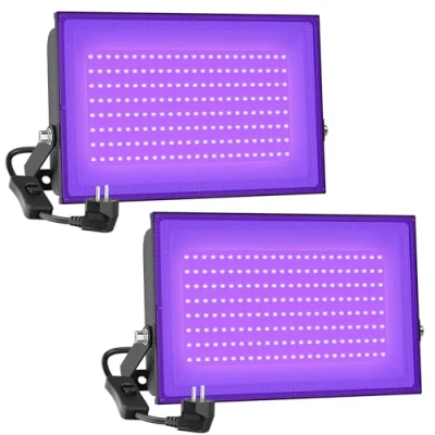 Afbeelding van Onforu Set van 2 100W uv led spots met stopcontact, IP66 waterdicht, zwart licht schakelaar, fluorescerende kleuren, lamp voor decoratie, feest, disco, poster, podium