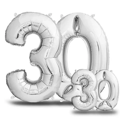 Afbeelding van envami® Verjaardagsballon, 30 jaar, zilver, 101 + 40 cm, cijferballon, decoratieve verjaardagsset voor dames en heren, Happy Birthday decoratie/ ballon, zweeft dankzij helium
