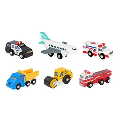 Afbeelding van Battat BT2706Z Houten voertuigen politieauto, vliegtuig, ambulance, brandweerwagen, kiepwagen, straatrol, 6 modellen
