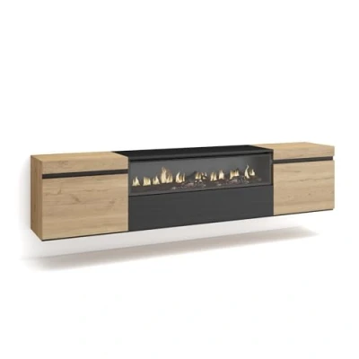 Afbeelding van Skraut Home tv kast, bank, grote opbergruimte, 200 x 45 35 cm, voor tv&#039;s tot 80 inch, elektrische open haard, hangend, wandmontage, moderne stijl, eiken en zwart