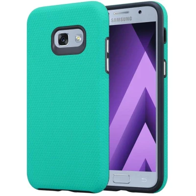 Afbeelding van Cadorabo Hoesje geschikt voor Samsung Galaxy A3 2017 in LELIES TURKOOIS Hybride beschermhoes buiten met extra grip en antislip oppervlak driehoekig design, gemaakt van siliconen kunststof