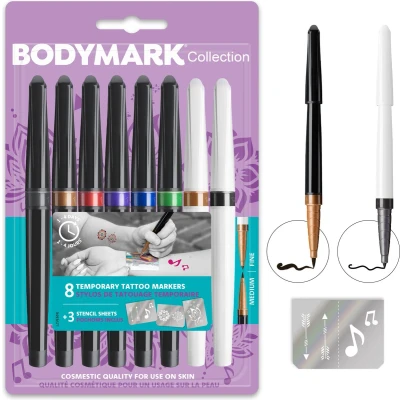 Afbeelding van BIC BodyMark Tijdelijke tattoo Pennen met sjablonen Set van 6 medium stiften en 2 fijne Festival Halloween Cosplay