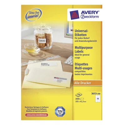 Image de Avery Zweckform 3653 200 étiquettes multi usages A4 105 x 42,3 mm (2800 étiquettes) blanc