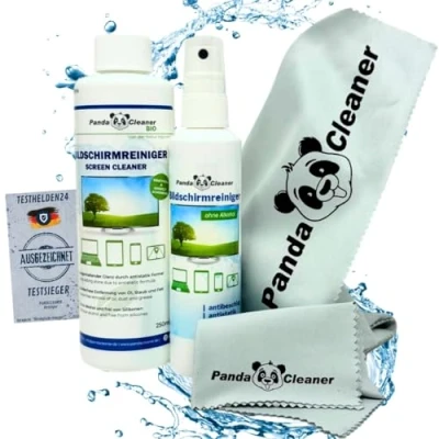 Afbeelding van PandaCleaner Alcoholvrije schermreinigingsspray, 100 ml spray met navulfles van 250 en 2 microvezeldoeken 15 x cm 30 40