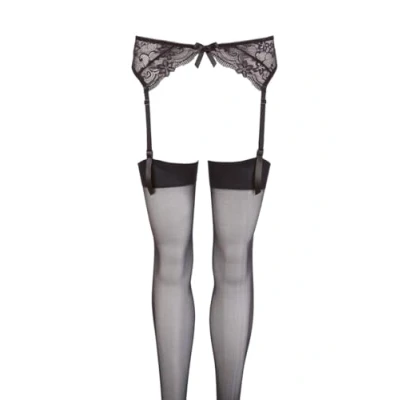 Afbeelding van Mandy Mystery Lingerie Jarretel Gordel met Kant Motief en Bijbehorende Kousen Spanning Sensatie Maat M/L Zwart