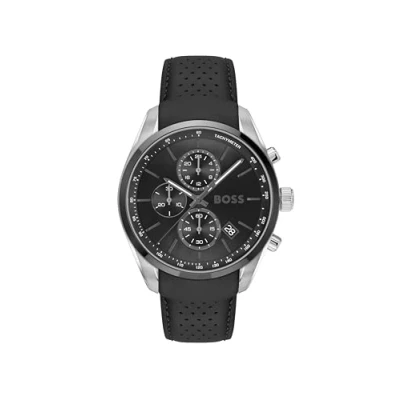 Afbeelding van BOSS Chronograaf kwartshorloge met kalender voor heren, collectie Grand Prix 44, zwarte leren band 1514224