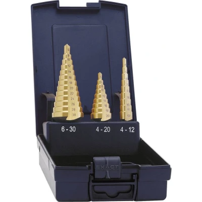 Afbeelding van Exact 5351 HSS Getrapteboorset 3 delig 4 12 mm, 20 6 30 mm TiN vlakken schacht 1 set(s)