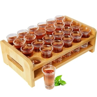 Afbeelding van Shot Glass Set, Cocktail Houder en Glas, Drankjes Serving Board Organizer 24 Gaten met Clear Crystal stks 0.5oz/15ml voor Liquor Shots Whisky Brandy Vodka Rum at Home Party Bar