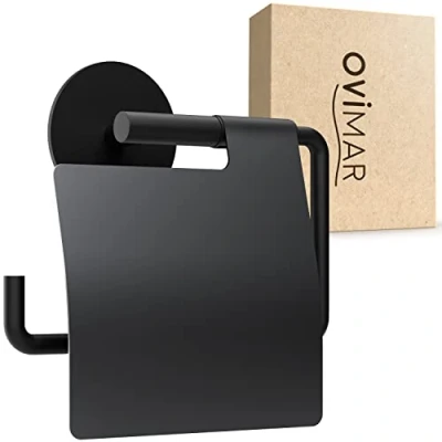 Afbeelding van ovimar Heroya Toiletpapierhouder met deksel zonder boren zwart Zelfklevende Matzwarte om op
