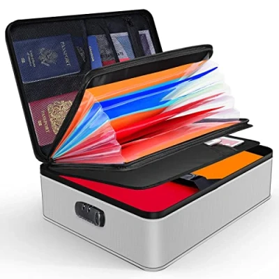 Afbeelding van JUNDUN Vlamvertragende documentenorganizer met slot, documentenopbergdoos 7 vakken, mappenorganizer, draagbare documententas voor belangrijke documenten, mappen