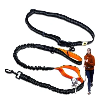 Afbeelding van Jogginglijn voor grote honden tot 15 kg, vier elastische handgrepen met lichte banden, afneembare polsbanden 2 kleine oranje lussen (120 cm, reikbaar 170 cm)