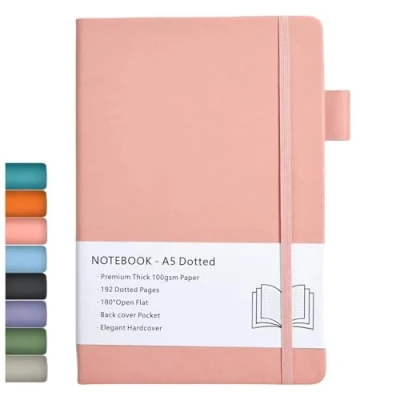 Afbeelding van Stippenraster notitieboek, A5, harde kaft, 100 g/m², hoogwaardig dik papier, 192 pagina&#039;s, binnenvak, elastische band, kunstlederen bekleding, 14,5 x 21,5 cm (roze)