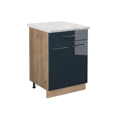 Afbeelding van Vicco Keukenonderkast Fame Line, Donkerblauw hoogglans/Krachtige eik goud, 60 cm met lade, WB Marmer