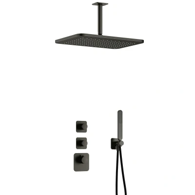 Afbeelding van Hotbath Gal Regendoucheset IBS40 Geborsteld Gunmetal PVD Staaf Handdouche 40cm Hoofddouche 15cm Plafondbuis met wandhouder