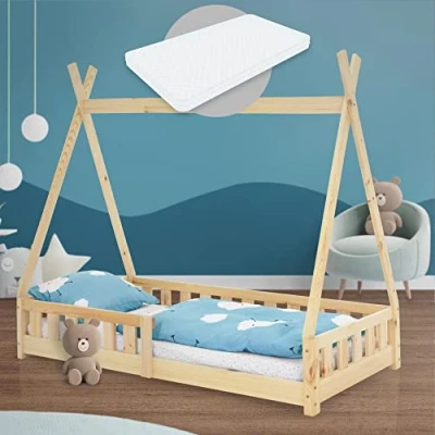 Afbeelding van Kinderbed Tipi 80x160 cm van grenenhout incl. matras H 10cm uitvalbescherming en lattenbodem ML design