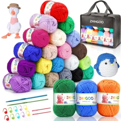 Afbeelding van ZHHGOO Breigaren van acryl, 24 kleuren, aryl, zeer zacht, met 2 haken en opslag, niet geweven, herbruikbaar, opbergtas, voor sjaals, handschoenen, handgemaakte kunst