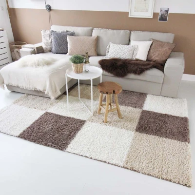 Afbeelding van Hoogpolig Vloerkleed Shaggy Trend Blokken Mokka 60x110 Cm