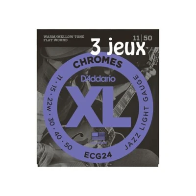 Image de D&#039;Addario Chromes ECG24 3D, filets plats, Jazz Light, 11 50, 3 jeux Jeu guitare électrique