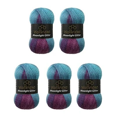 Afbeelding van Wollbiene Moonlight glitter Batik Simli 5 x 100 gram breiwol, 500 in totaal, 20% wol, metallic, Turks kleurverloop, (5960 bessen, paars, turquoise)