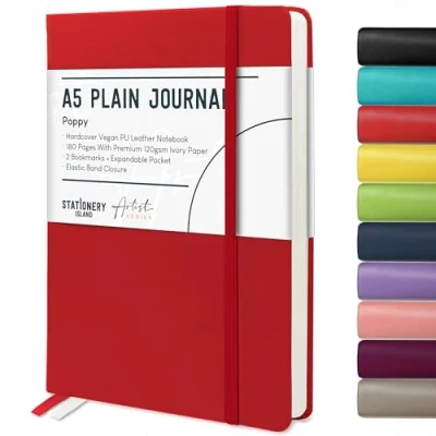 Afbeelding van Stationery Island A5 notitieboek zonder voering, effen met harde kaft 120 g/m² dik premium papier, 180 pagina&#039;s, hard cover, wit pagina&#039;s om te schrijven, studeren