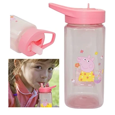 Afbeelding van Peppa Pig Vierkante waterfles met rietje, 420 ml, lekvrij, BPA vrij, roze kunststof, inklapbare tuit, voor kinderen vanaf 6 maanden