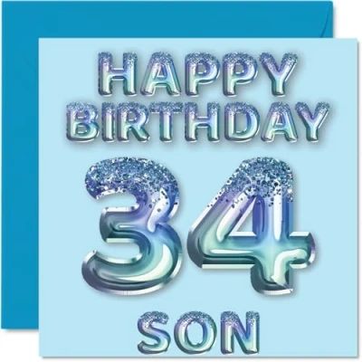 Afbeelding van Verjaardagskaart voor zoon, 34 jaar, blauwe glitterballonnen, verjaardagskaarten jarige zoon van mama en papa, 145 mm x