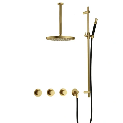 Afbeelding van Hotbath Cobber Regendoucheset IBS70 Geborsteld Messing PVD Staaf handdouche 30cm Hoofddouche Plafondbuis Handouche met glijstang