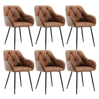 Afbeelding van WOLTU EZS03br 6 Set van eetkamerstoelen, keuken, woonkamer, ergonomisch, met armleuningen, gestoffeerd, zitting, vintage kunstleer, metalen poten, bruin