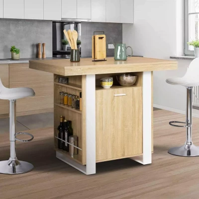 Afbeelding van Ilot central PHOENIX 110 cm bois et blanc avec rangements