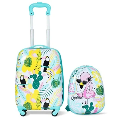 Afbeelding van COSTWAY Koffer voor kinderen met wielen, Flamingo,