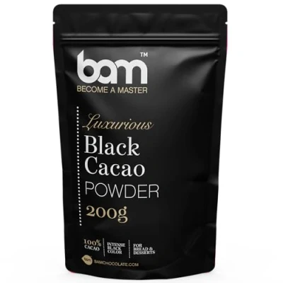 Afbeelding van BAM Luxe zwarte cacaopoeder, 100% cacao, 200 gram, intense kleur, brood en desserts